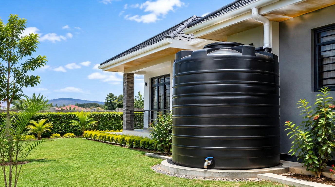 Roto water tank beside a home